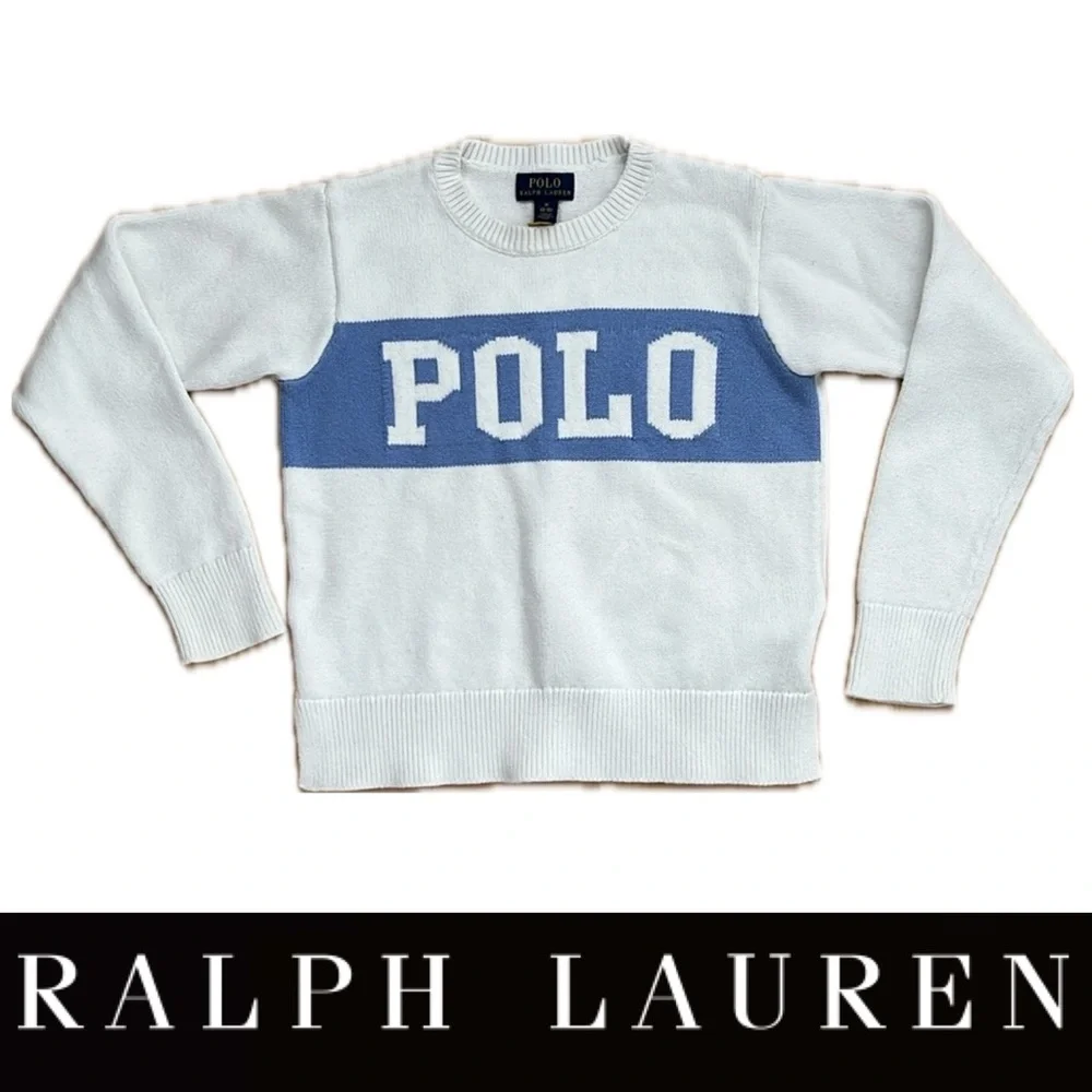 🏇M (8-10) Unisex White & Blue Logo Sweater by Polo by Ralph Lauren / Blue Label